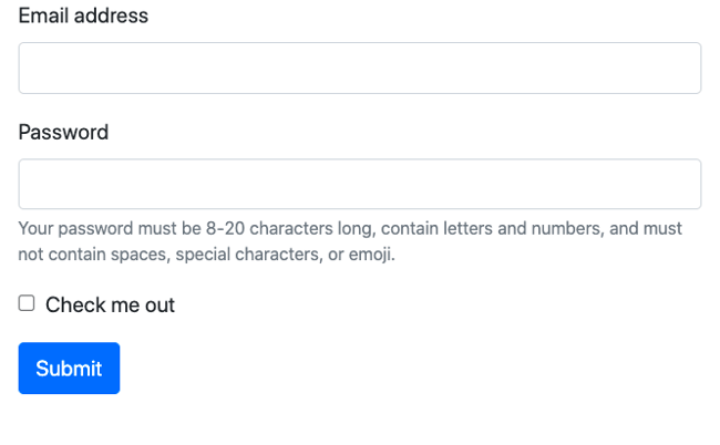 Bootstrap Help Text Example form provides instructions for filling out password correctly 